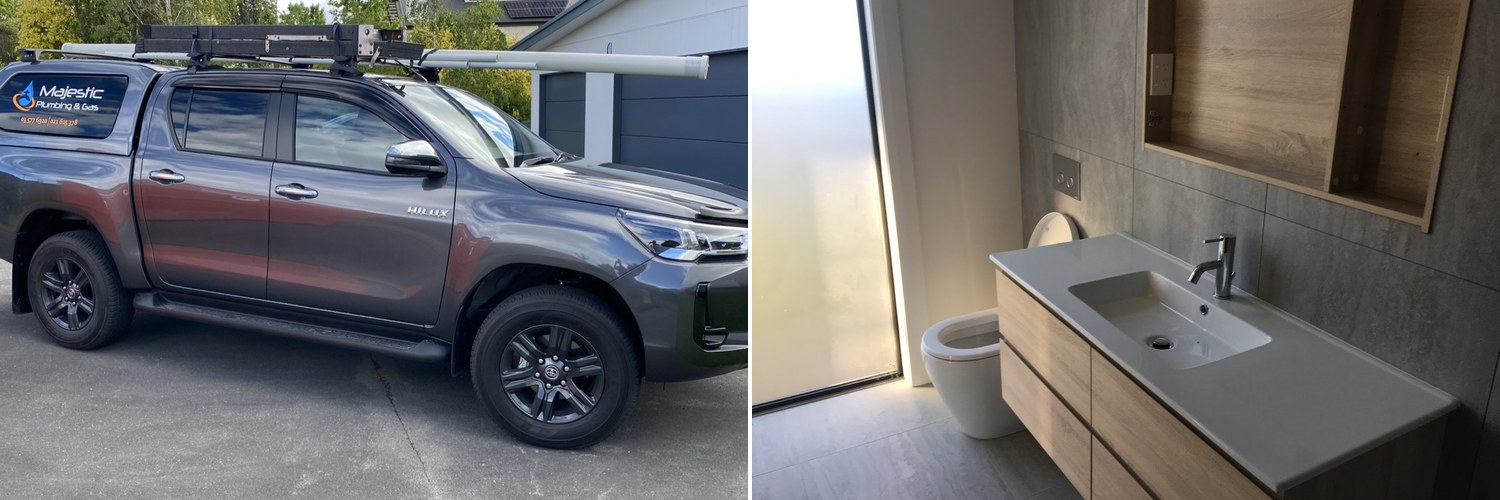 Majestic Plumbing & Gas - work ute and a finished bathroom vanity in Blenheim